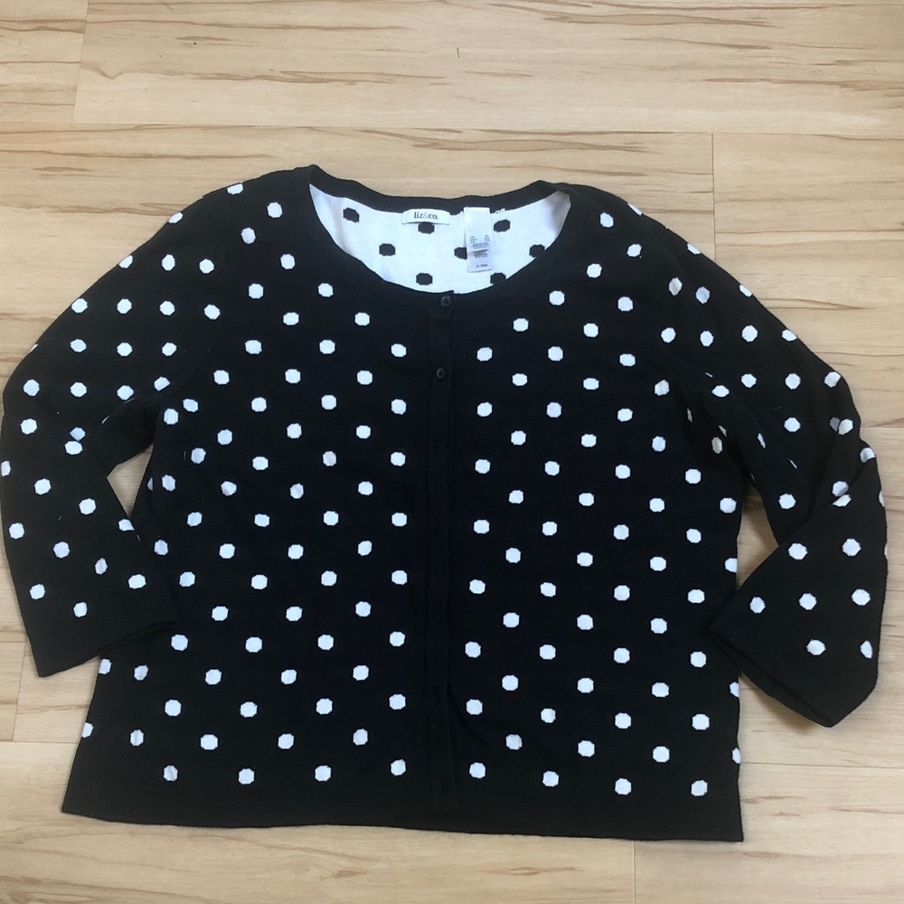 Liz & Co Black & White Polka Dots Cardigan Sweater Old Money Classic